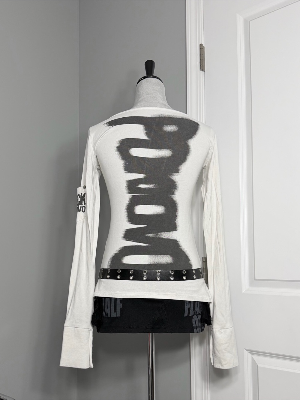 Punk Rock Graphic Text White Long Sleeve Tee with Pocket + Cross Button Cuffs